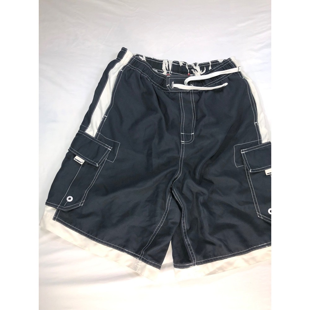 Mossimo Mens Cargo Swim Trunks Black White Contrast Stitch Mesh Lined Size M
